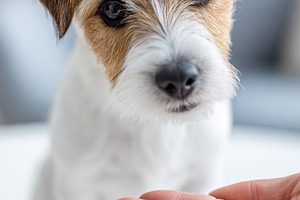 Human hand offering a small pill to, an Animal Photo by MistyDay