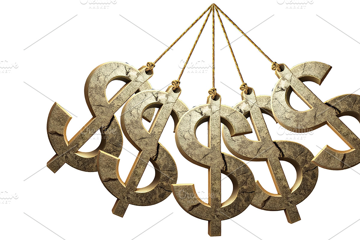 Golden material money symbols hanging from a cable, a Finance Illustration by DanFLCreativo