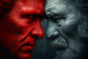 Dramatic depiction of two faces showcasing opposition in artistic style, a Photo by AS photostudio