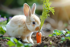 Baby rabbit eating fresh carrot in the garden, an Animal Photo by AlyaAnd