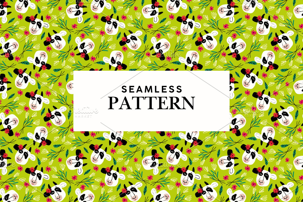 Green Hand drawn Pattern with Cows, a Pattern Graphic by Art's and patterns (Photo 1 of 3)