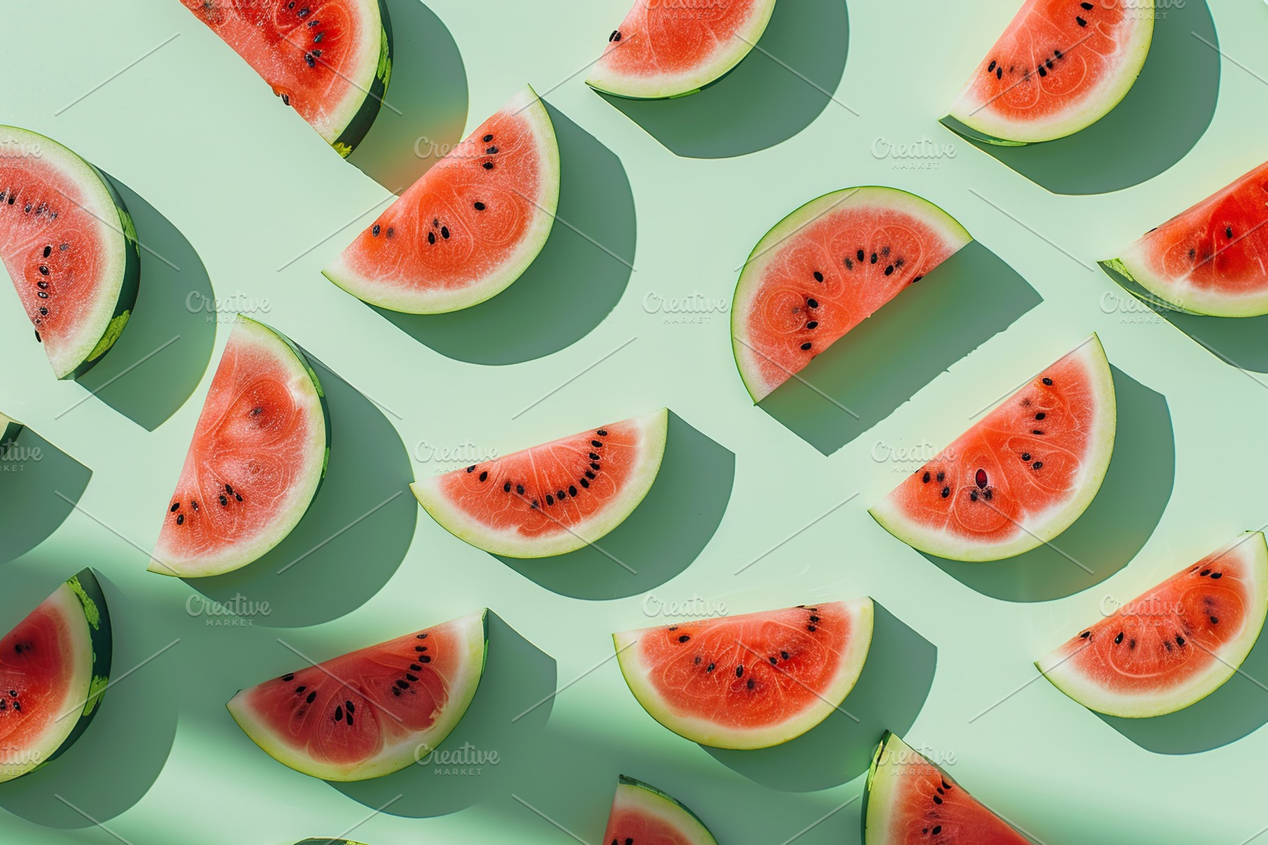 Pattern of fresh watermelon slices on green background, a Food & Drink Photo by AlyaAnd