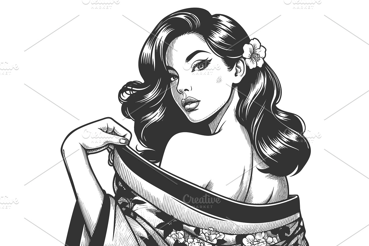 Woman in Kimono engraving vector, a Person Illustration by AlexArt