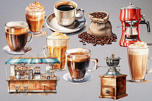 Watercolor Coffee Lover Clipart Set