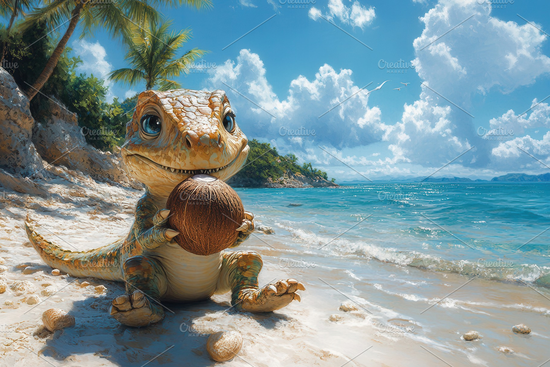 Cute lizard character enjoys a cocon, a Photo by Tanuart