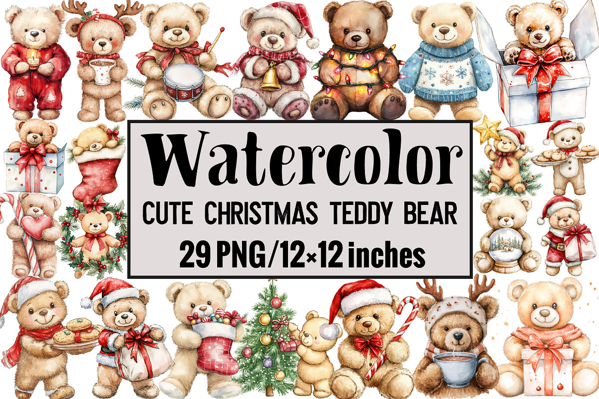 Cute Christmas Teddy Bear Clipart, an Illustration by Design Market (Photo 1 of 3)
