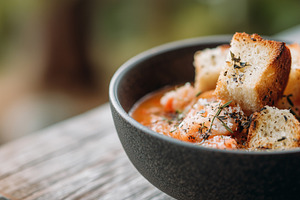 Hearty vegetable stew with croutons, a Food & Drink Photo by MistyDay