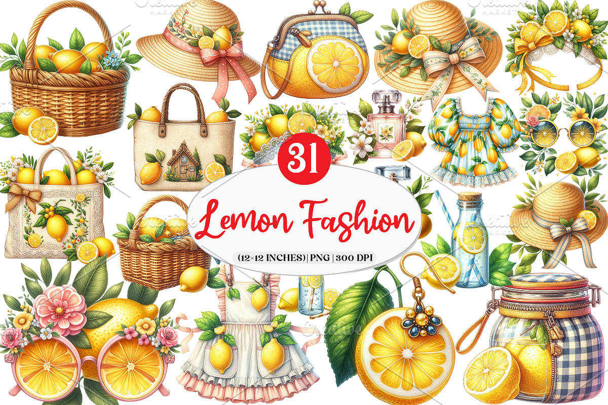 Lemon Clipart Summer Fashion Cottage, an Illustration by Watercolor design (Photo 1 of 4)