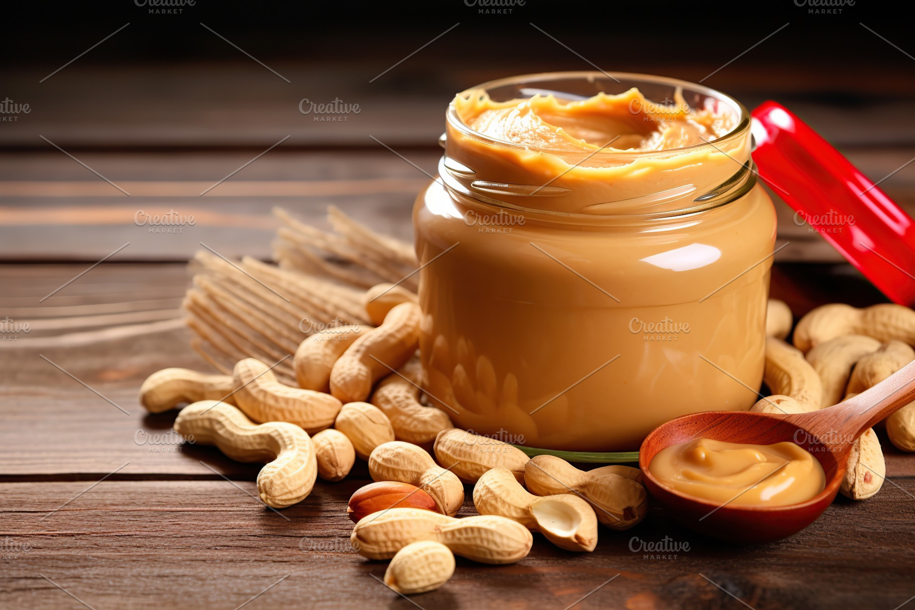 Glass jar with peanut butter on wooden background, a Food & Drink Photo by AlyaAnd