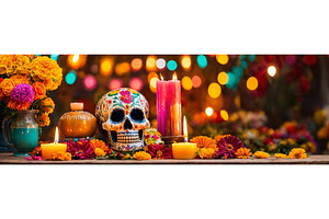 Altar with skull flowers and candles, an Illustration by yanadjana