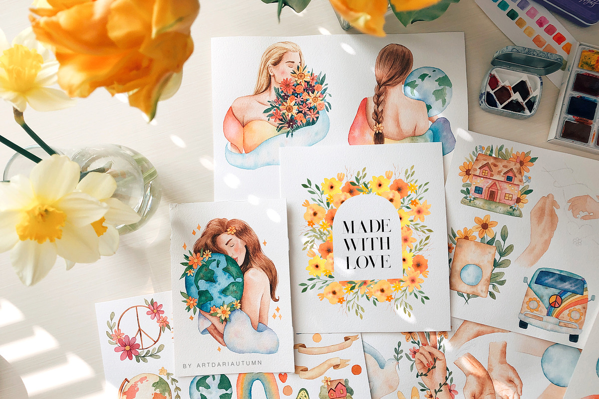 Earth Peace Love Watercolor Set, a Person Illustration by Art Dari Autumn (Photo 6 of 12)