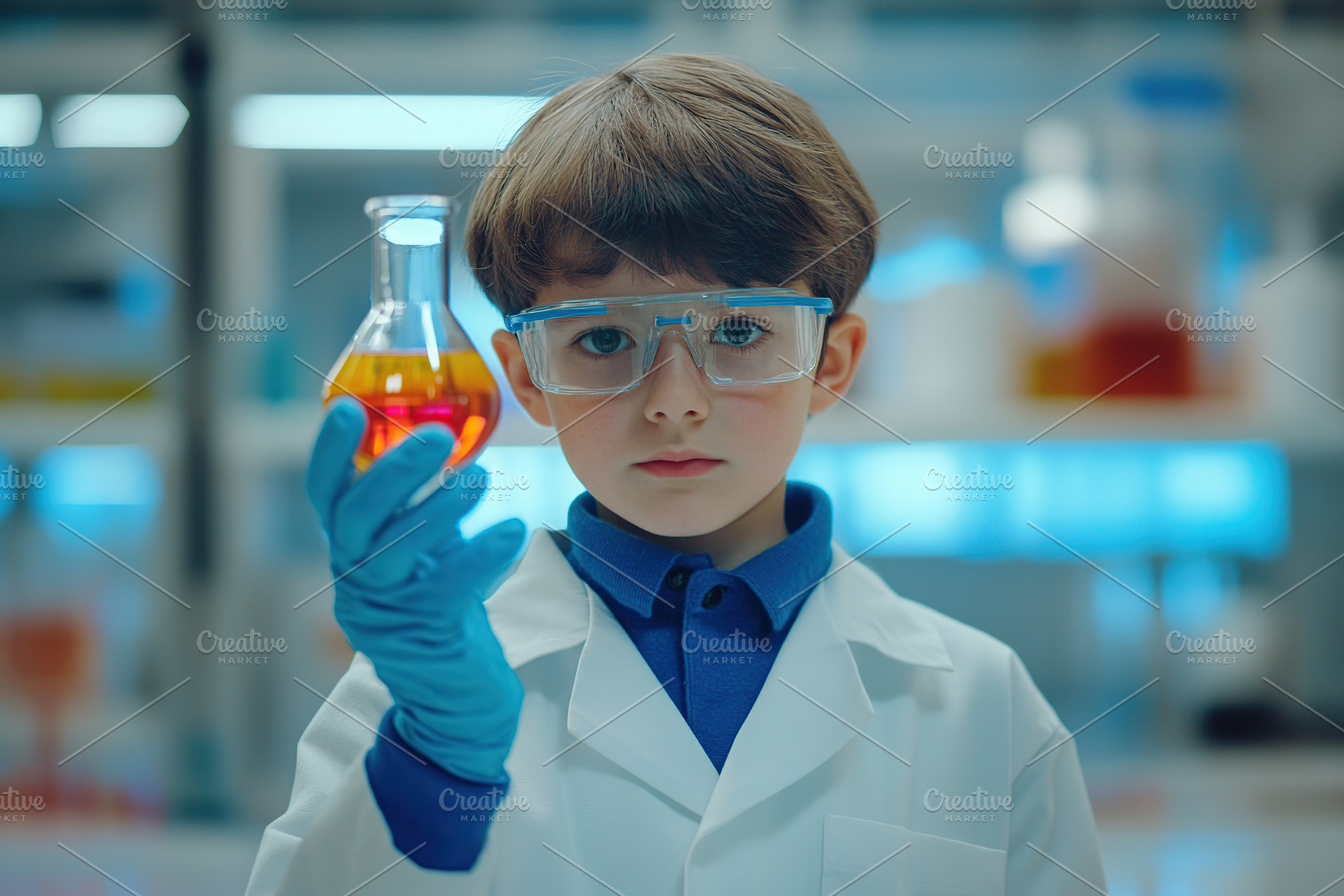 Young boy in a lab coat conducts experiments, a Health & Medical Photo by AlyaAnd