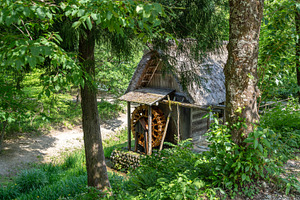 Traditional watermill surrounded by nature in Shirakawa-go, Japa, an Architecture Photo by GoodGoods