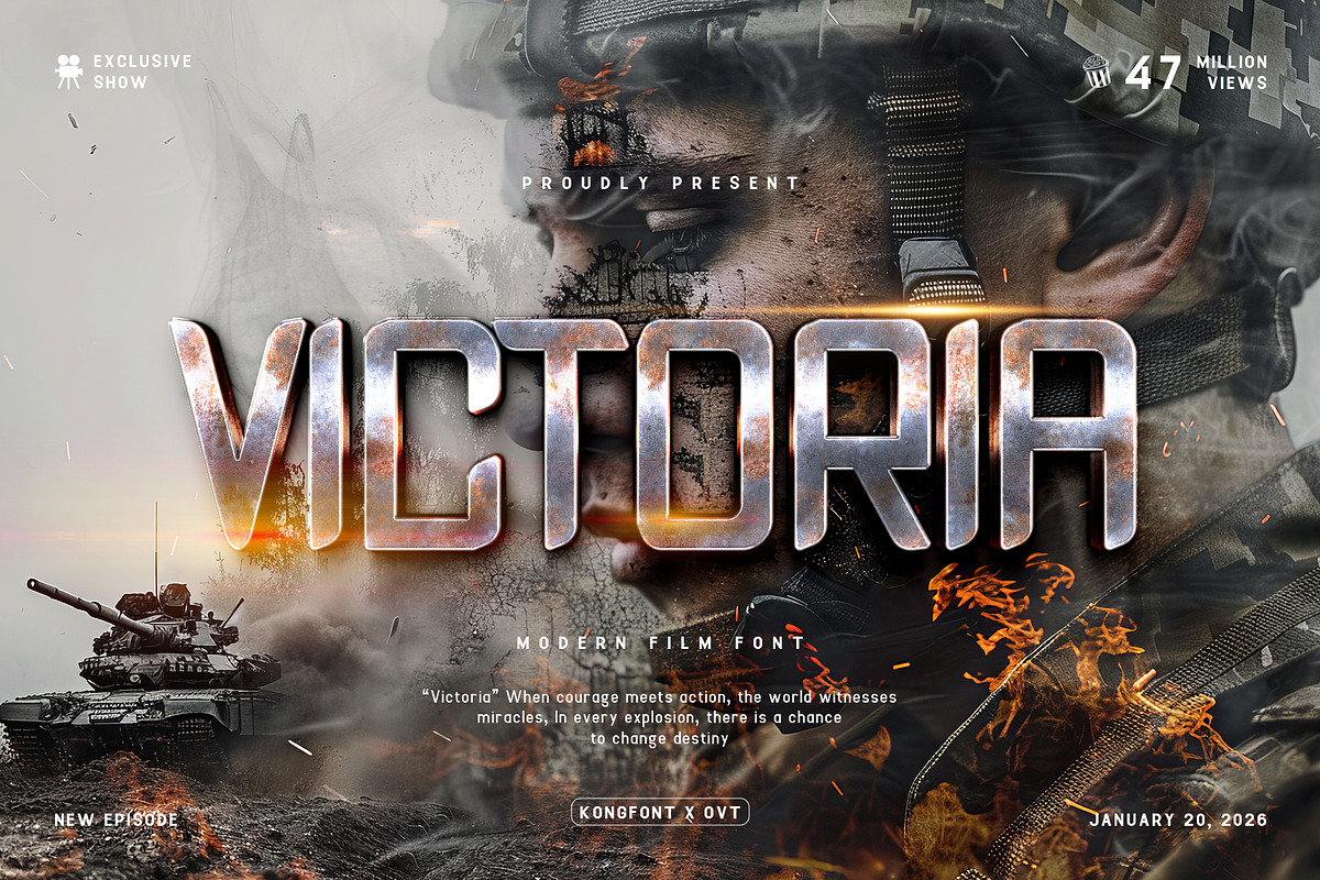 Victoria - Modern Film Font, a Sans Serif Font by overlaytemplates (Photo 1 of 5)