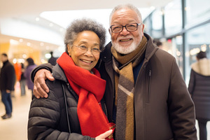 Smiling middle aged couple walking in shopping mall holding shop, a Photo by Dvoevnore photos