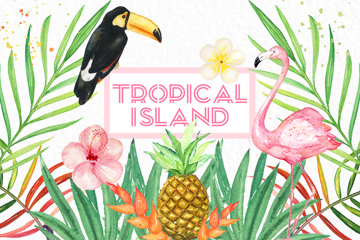 Tropical island. watercolor clipart., a Decorative Illustration by LABFcreations (Photo 1 of 7)