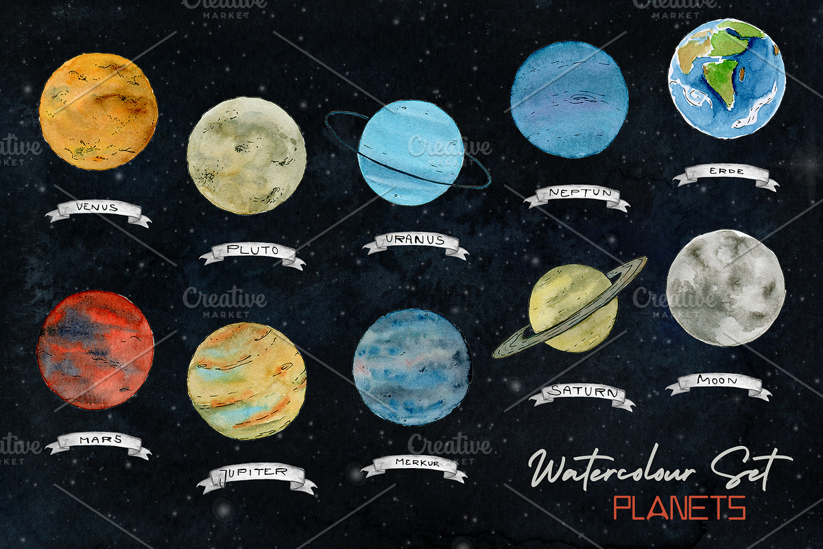 Planets and Moons Watercolor Set, an Illustration by paperlions (Photo 2 of 3)