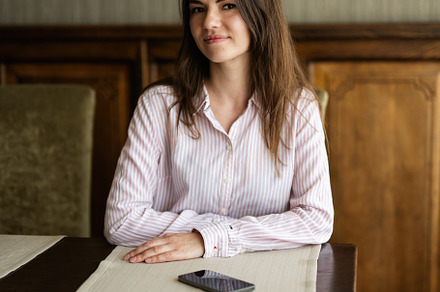 Young beautiful brunette woman sit in coffee shop cafe restauran, a Person Photo by AS photostudio