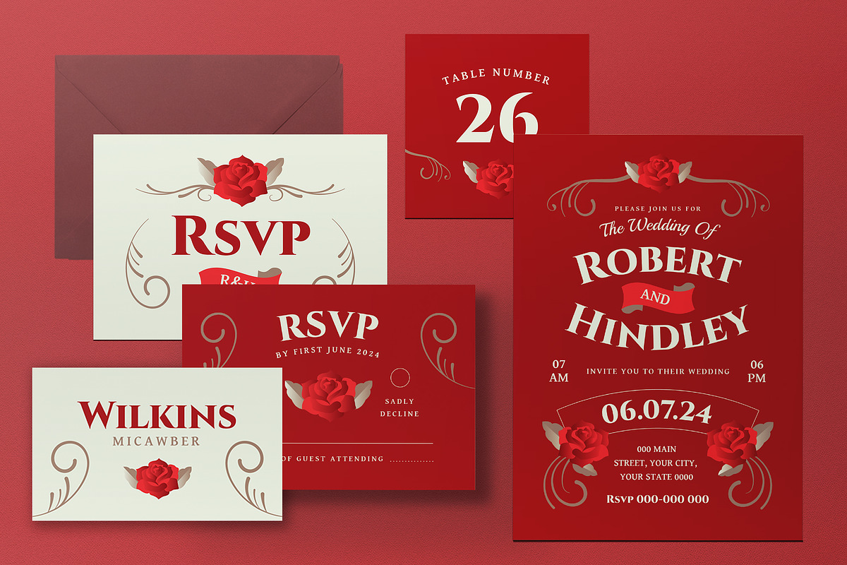 Rose Floral Wedding Invitation Set, an Invitation Template by graphicook (Photo 3 of 3)