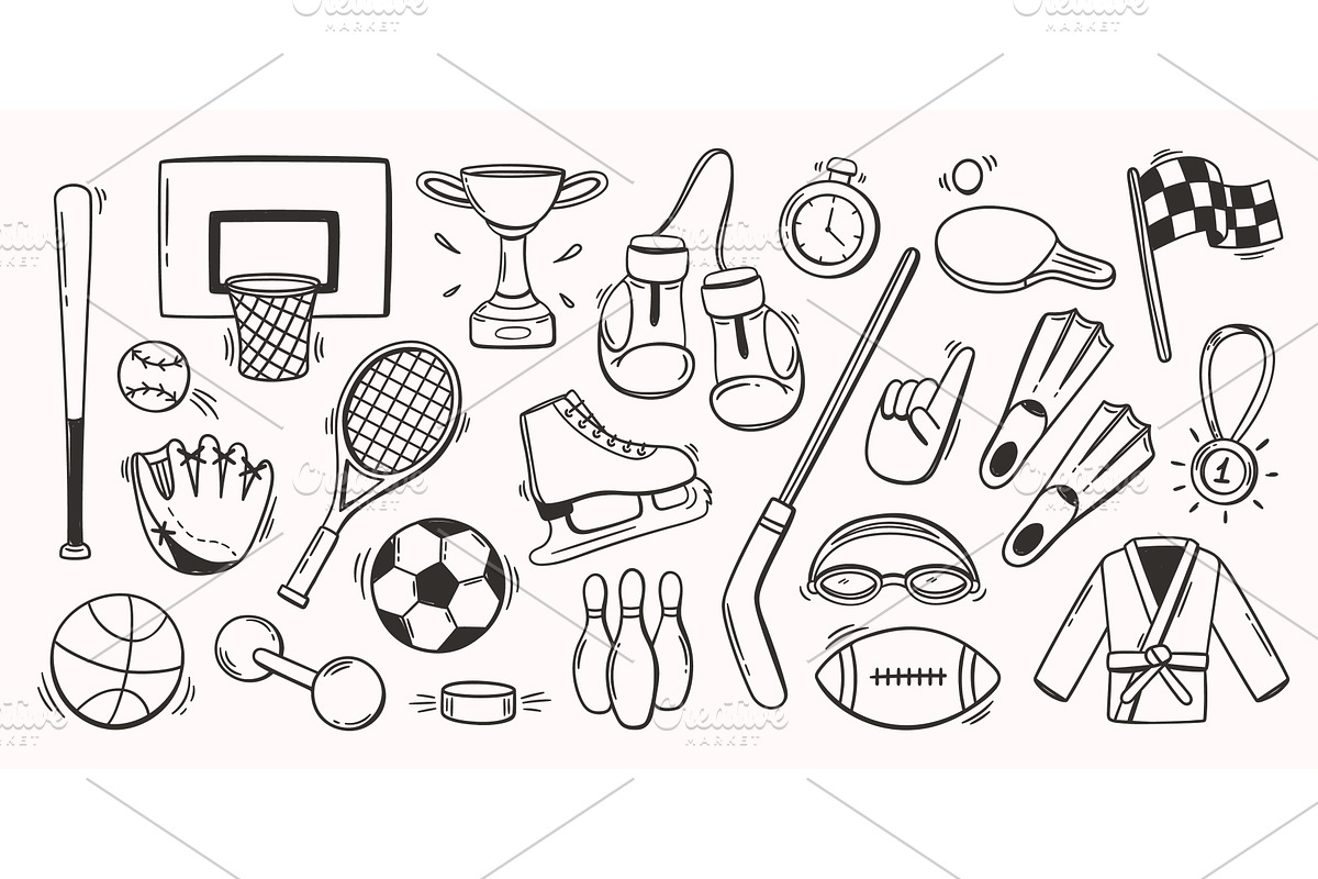 Sports equipment doodle. Line balls, a Sport Illustration by winwin.art