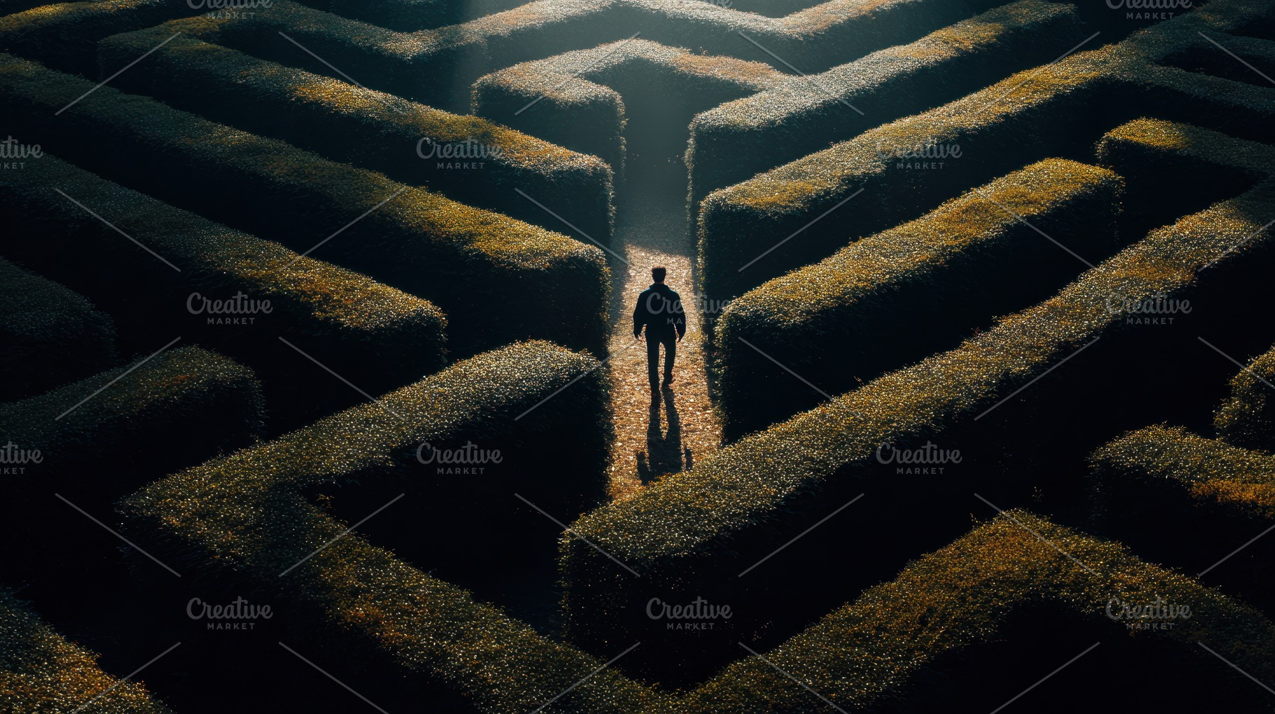 A maze surrounded by tall hedges, a Photo by Pavel_design