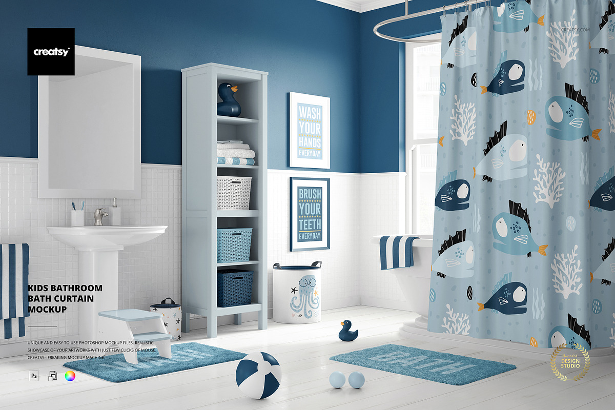 Kids Bathroom Bath Curtain Mockup, a Product Mockup by creatsy2 (Photo 1 of 6)