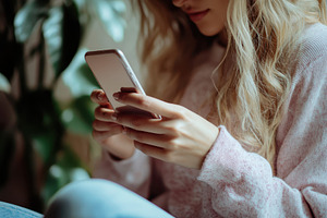 Young caucasian woman uses smartphon, a Photo by Pavel_design