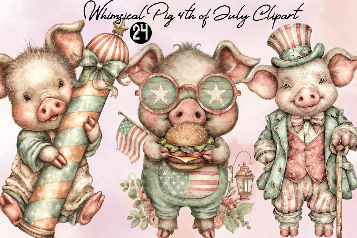 Whimsical Pig 4th of July Clipart, an Animal Illustration by SVGArt (Photo 1 of 9)