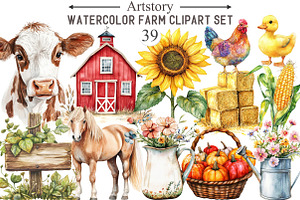 Watercolor Farm Clipart Set, an Illustration by designcity5