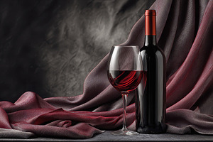 Red wine bottle and glass on dark, a Photo by Pavel_design