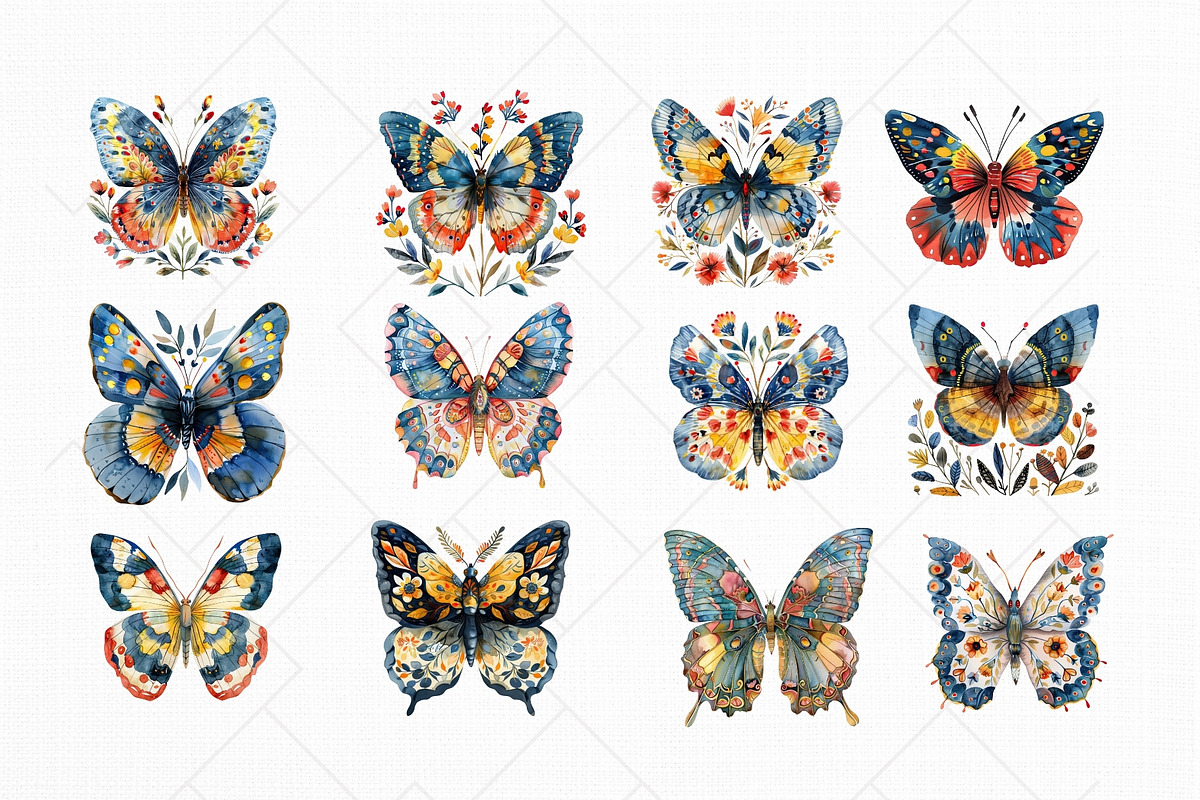 Watercolor Folk Butterflies Clipart, a Decorative Illustration by The Twin Lakes Studio (Photo 4 of 9)