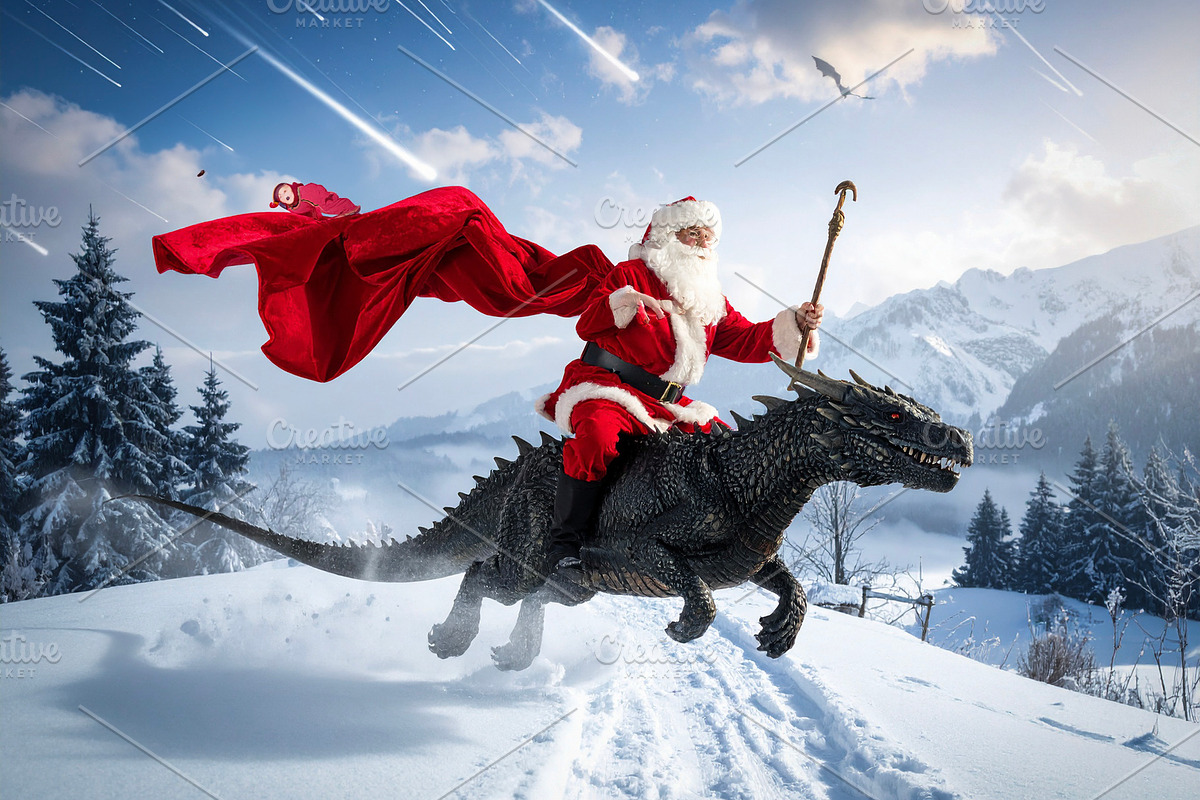Santa Claus rides a friendly dragon across a snowy kingdom, a Holiday Photo by DanFLCreativo (Photo 2 of 2)