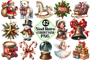 Vintage Noel Retro Christmas Clipart, an Illustration by Pixels.Craft