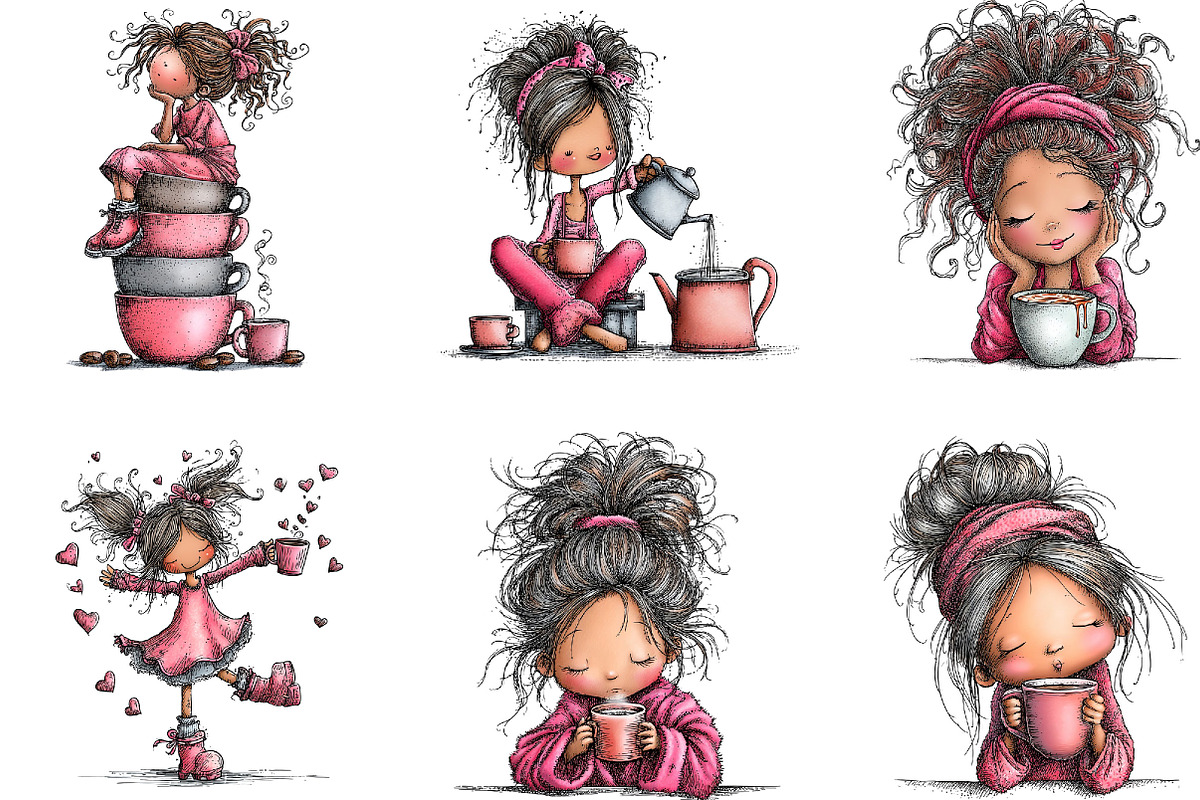 Enjoy Coffee Girl Whimsical Clipart, a Seasonal Illustration by Designking (Photo 3 of 5)