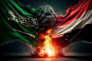 Saudi Arabia and Yemen flags clash In regional conflict, a Background Photo by DanFLCreativo