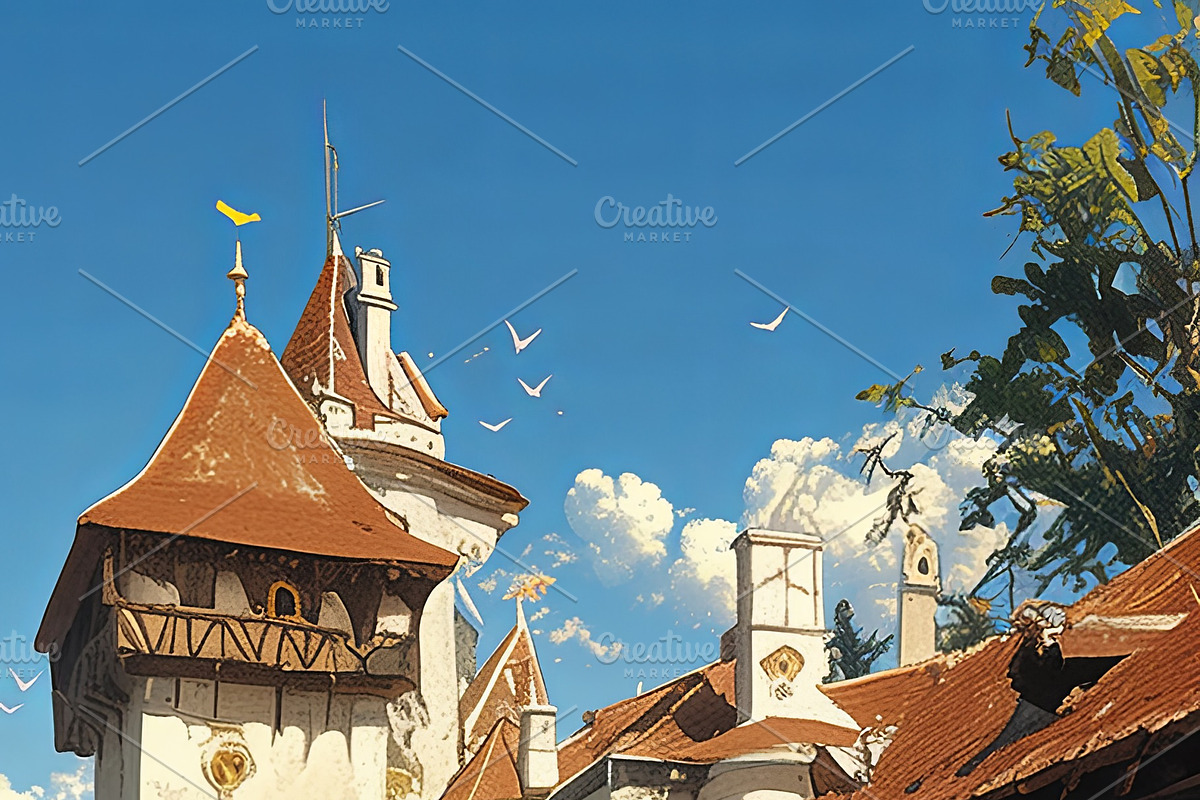 Charming couple walking through serene medieval castle in sunny scenic setting, an Illustration by AS photostudio