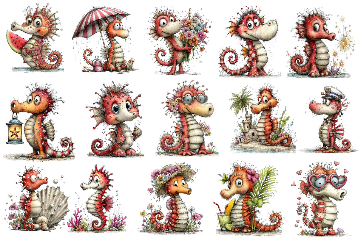 Whimsical Summer Seahorse Clipart, an Illustration by OK Design (Photo 3 of 6)