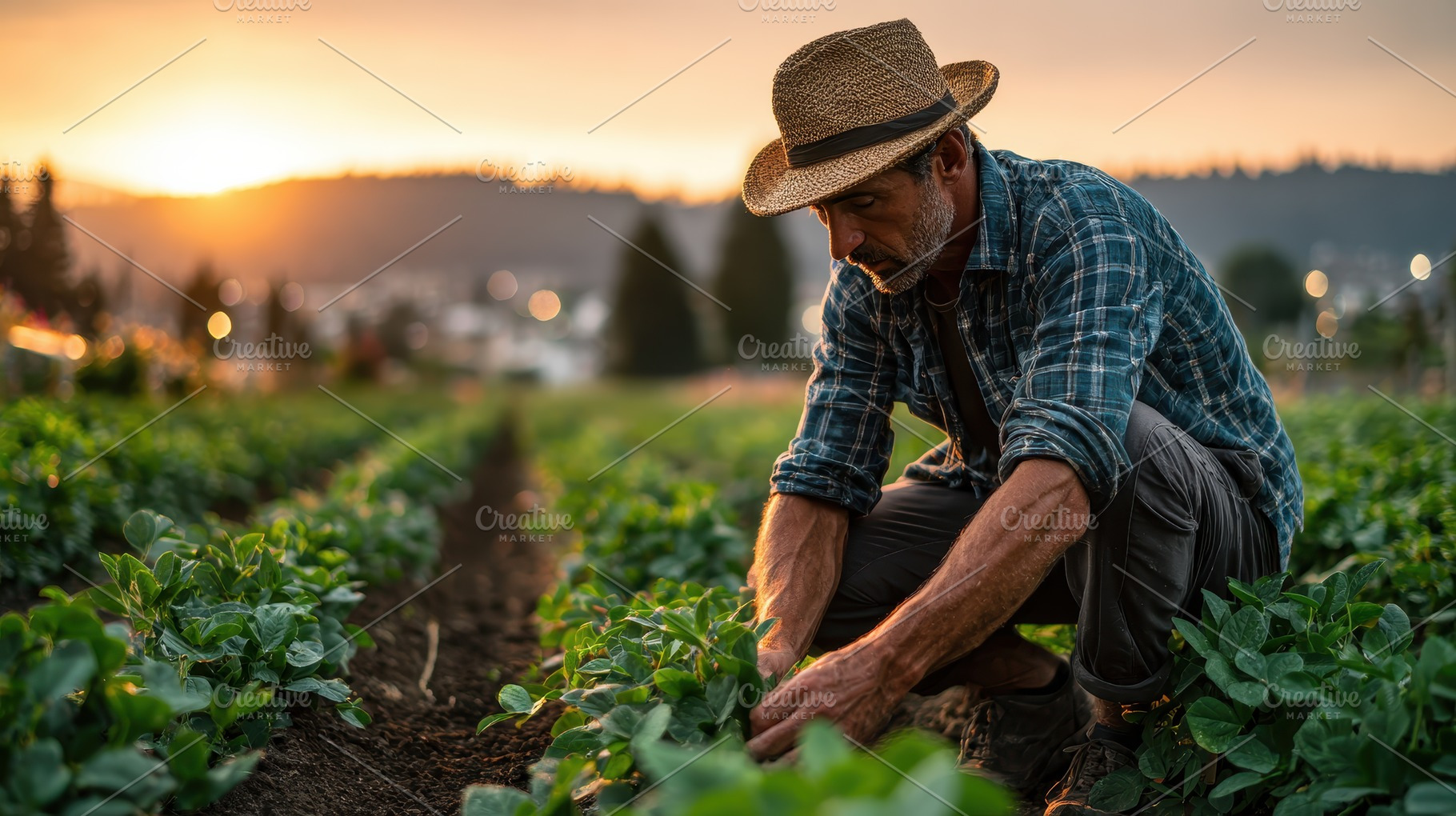 Farmer tending crops at sunset golde, a Photo by Pixeness Studio