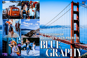 12 Blue Graphy Photoshop Actions, an Action Add-On by Hue Palettte Studio