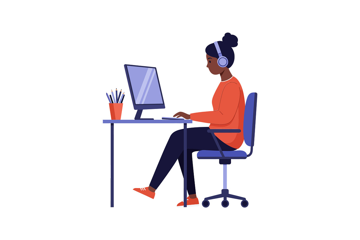 A focused woman working at a desk wi, an Illustration by designvectx