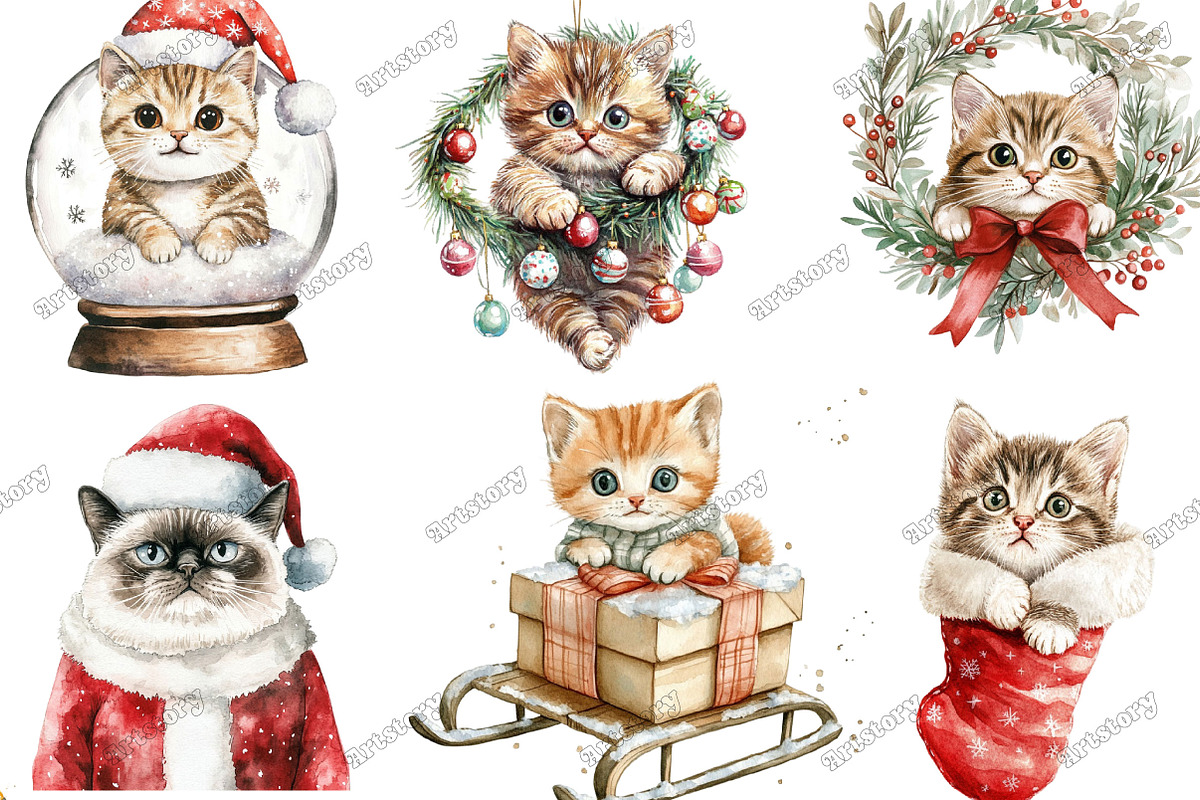 Whimsical Christmas Cats Clipart, an Illustration by designcity5 (Photo 3 of 5)