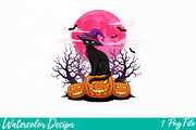 Black Cat Witch Pumpkin Png, an Illustration by Watercolor design (Thumbnail 1 of 3)