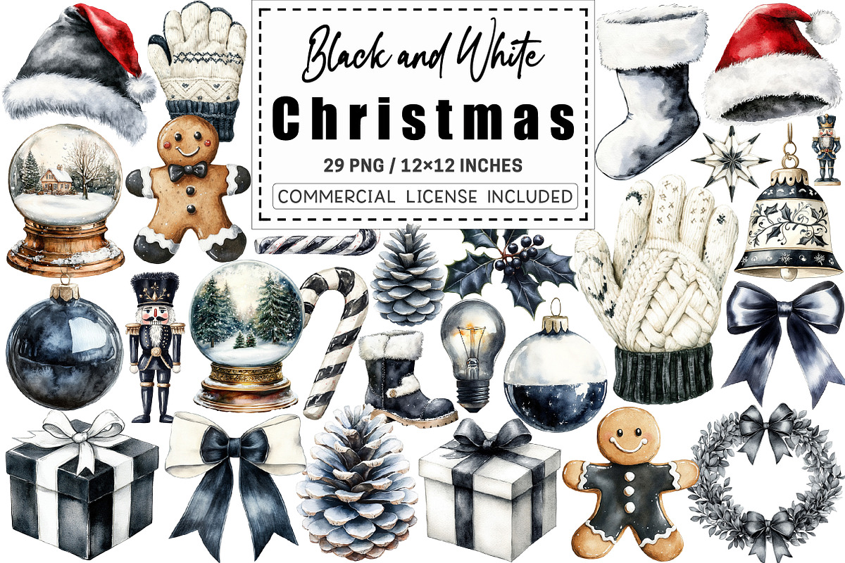 Black and White Christmas Clipart, a Graphic by CitraGraphics (Photo 1 of 4)