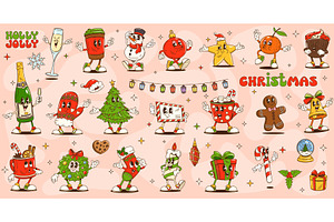 Cartoon groovy Christmas characters, a Seasonal Illustration by Vector Tradition