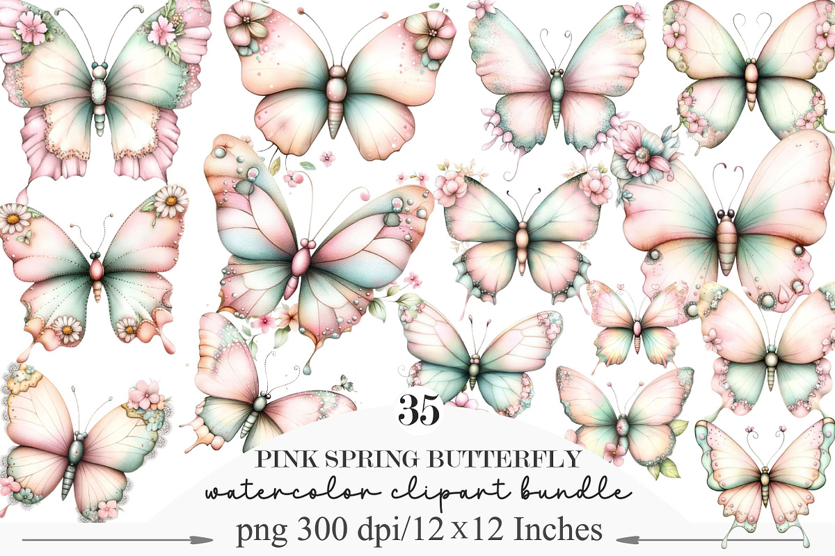Watercolor Pink Spring Butterfly, an Illustration by Designking (Photo 1 of 5)