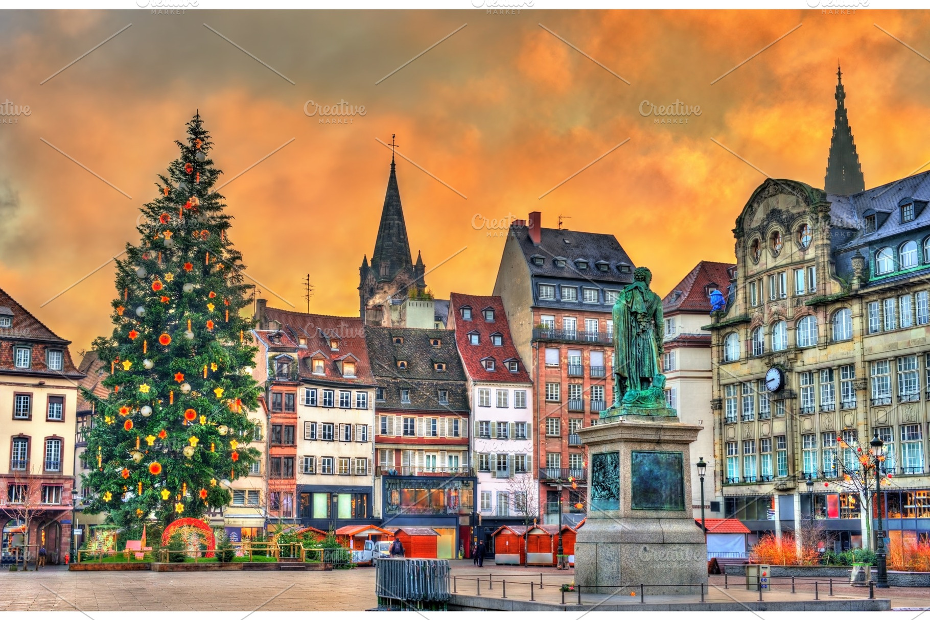 Christmas tree and statue of general kleber in strasbourg france stock photo, an Architecture Photo by Leonid Andronov