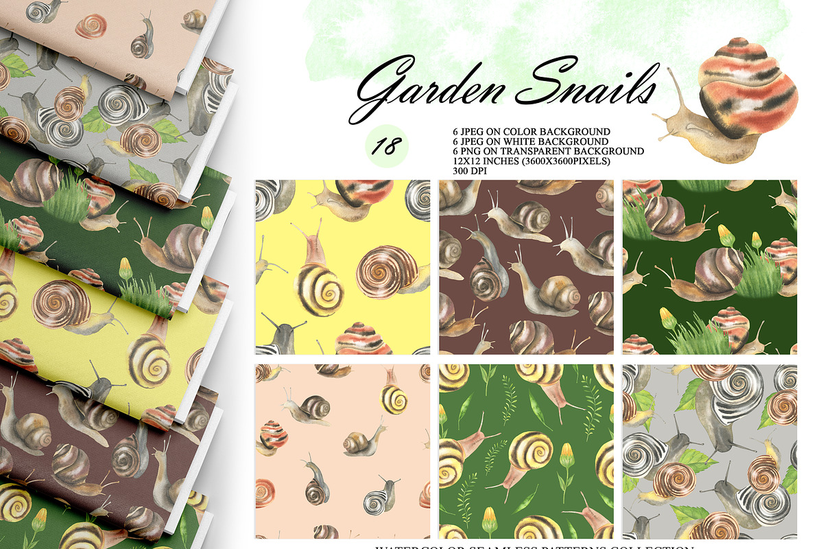 Watercolor Snail Seamless Patterns, an Animal Illustration by OlDm_Shop (Photo 1 of 10)