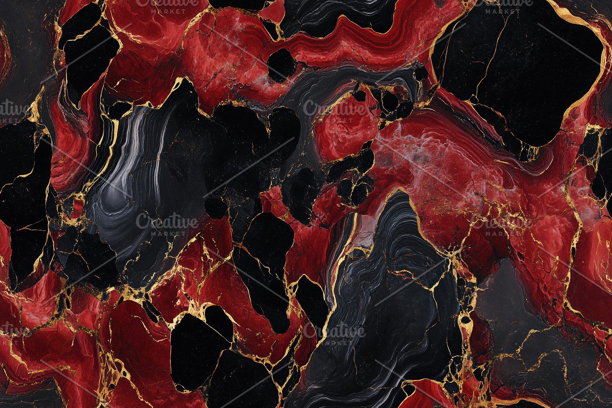 Seamless vibrant abstract marble texture featuring deep reds, blacks, and gold, a Texture Graphic by Textures & Backgrounds