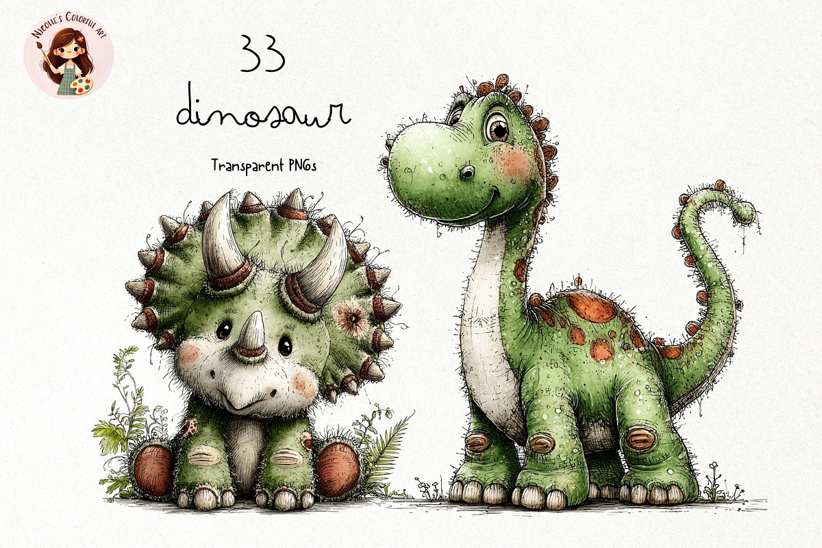 Dinosaur Watercolor Clipart PNG Set, an Animal Illustration by Nicolle's Colorful Art (Photo 1 of 3)