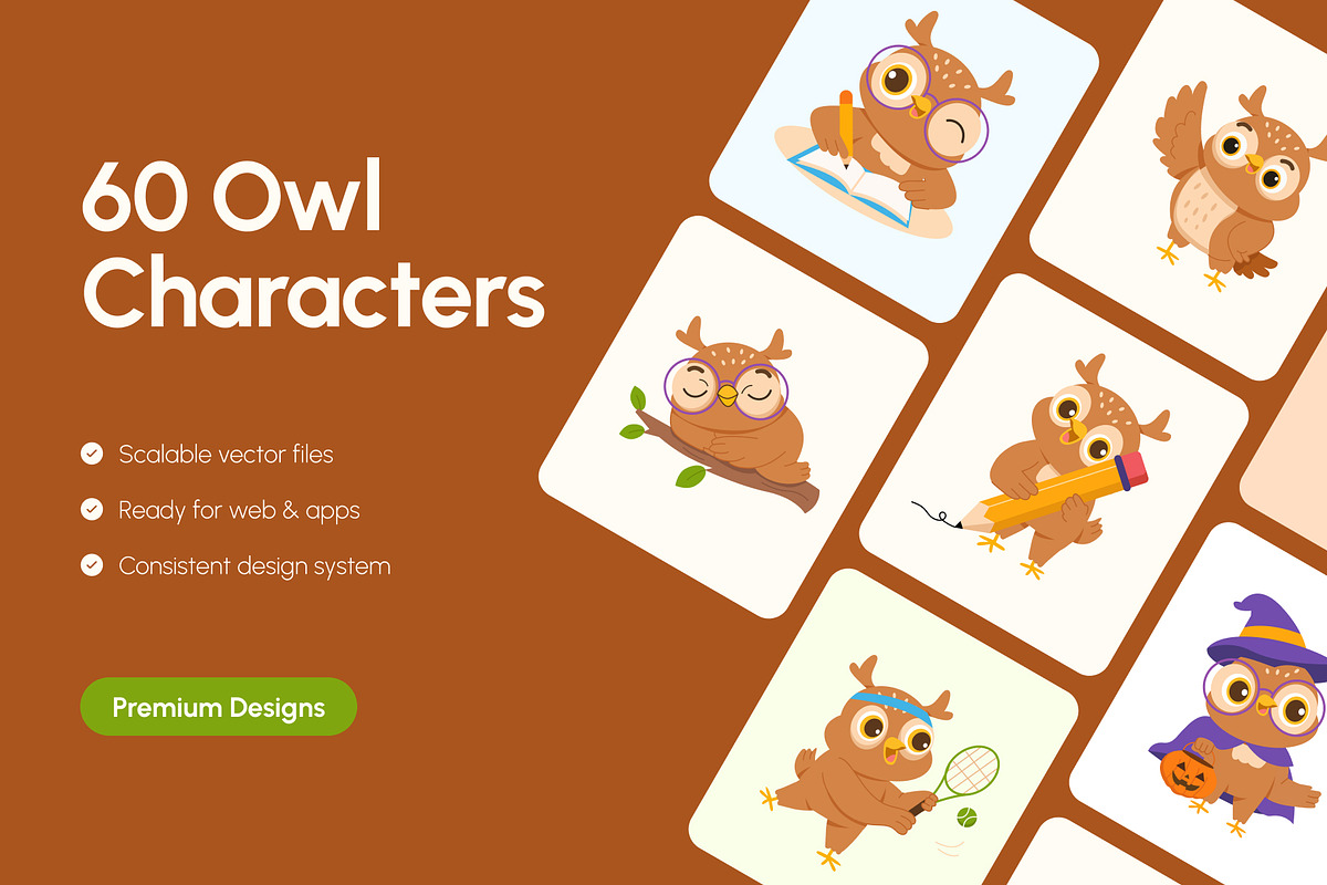 60 Owl Characters Illustration, an Animal Illustration by Brickclay (Photo 1 of 12)